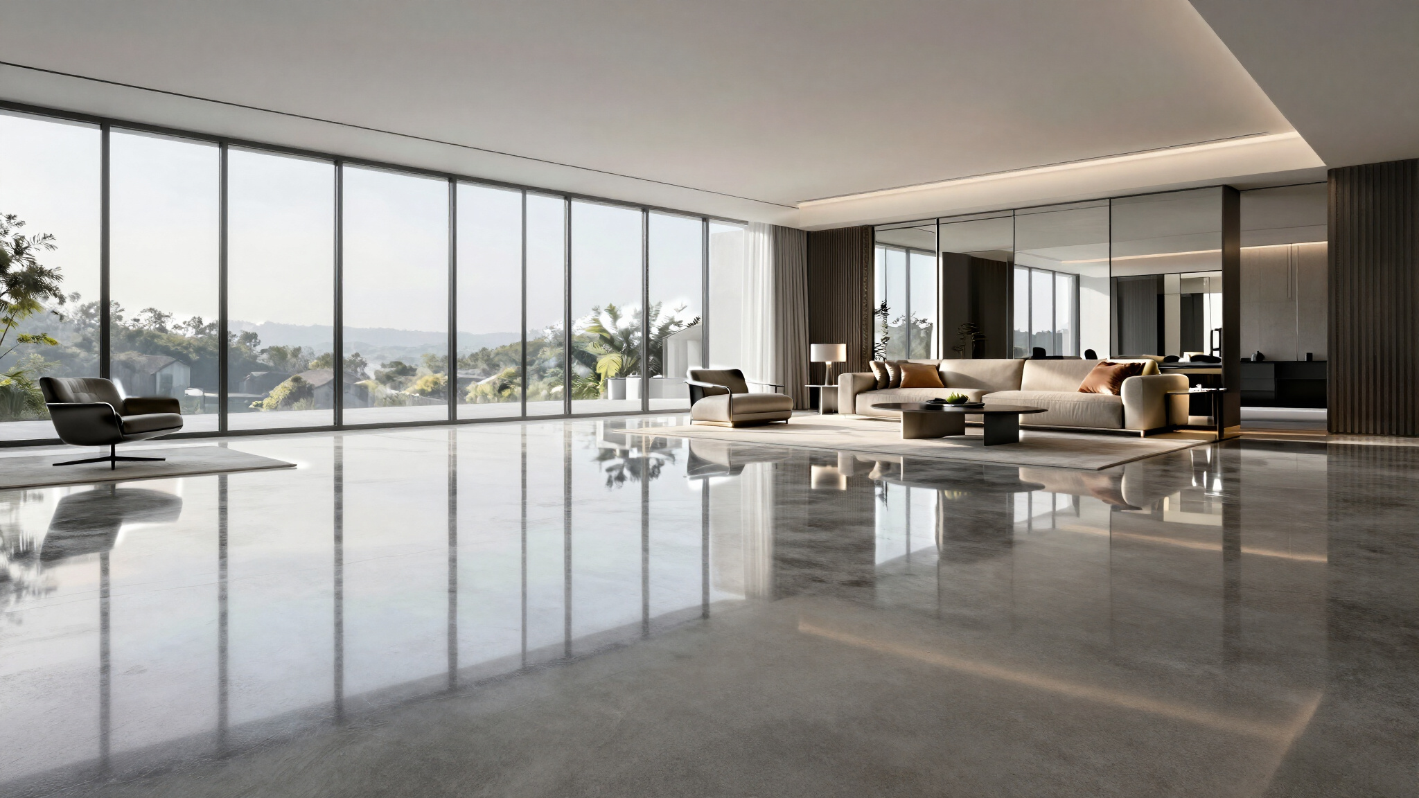 Illustrative contemporary architectural interior with polished concrete floor