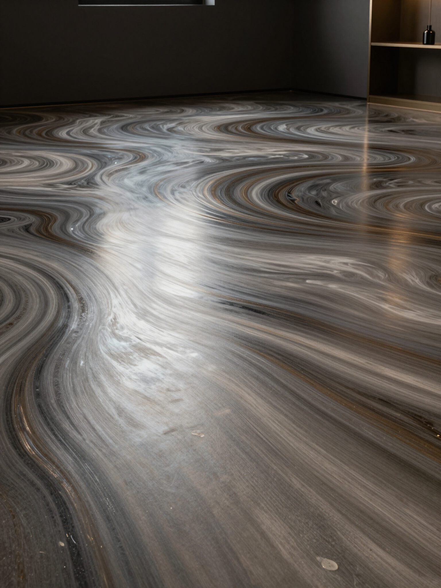 Illustrative swirled metallic resin surface